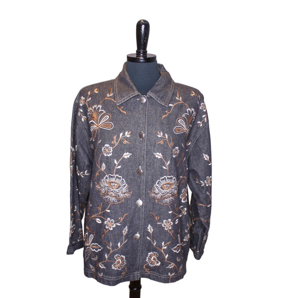 New Directions Embroidered Denim Jacket Floral Beads Gray Brown Size M